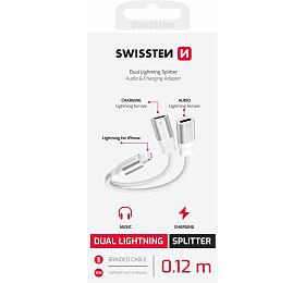 NABÍJECÍ AUDIO ADAPTÉR SWISSTEN TEXTILE LIGHTNING (samec) / 2x LIGHTNING (samice) 0,12 M BÍLÝ