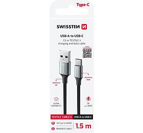 DATOVÝ KABEL SWISSTEN TEXTILE II USB / USB-C 1,5 M ČERNÝ