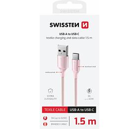 DATOVÝ KABEL SWISSTEN TEXTILE II USB / USB-C 1,5 M RŮŽOVÝ