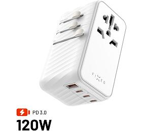 Cestovn adaptr FIXED Voyager 120W pro EU, UK a USA/AUS, s 3xUSB-C a 1xUSB vstupem, GaN, PD 120W, bl