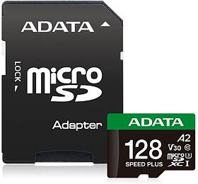 A-Data ADATA MicroSDXC karta 128GB Speed Plus, U3, C10, A2, V30 (R:180/W:160 MB/s) + SD adaptr (UD128GUI3V30A2SP-RA1)