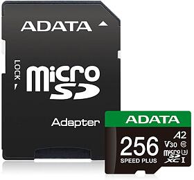 A-Data ADATA MicroSDXC karta 256GB Speed Plus, U3, C10, A2, V30 (R:180/W:160 MB/s) + SD adaptr (UD256GUI3V30A2SP-RA1)