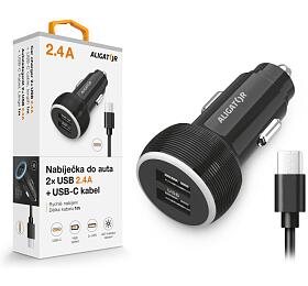 Nabíječka do auta ALIGATOR s USB-C kabelem a 2xUSB výstupem 2.4A, černá