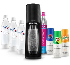 SET Vrobnk sody SodaStream Terra Black + Lhev SodaStream FUSE 3 x 1l pepsi love, bl + Sirup Sodastream Pepsi 440 ml + 7UP 440 ml + Mirinda 440 ml