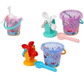 Teddies Sada na písek a k vodě plast kbelík, mlýnek s doplňky v síťce 17x16cm