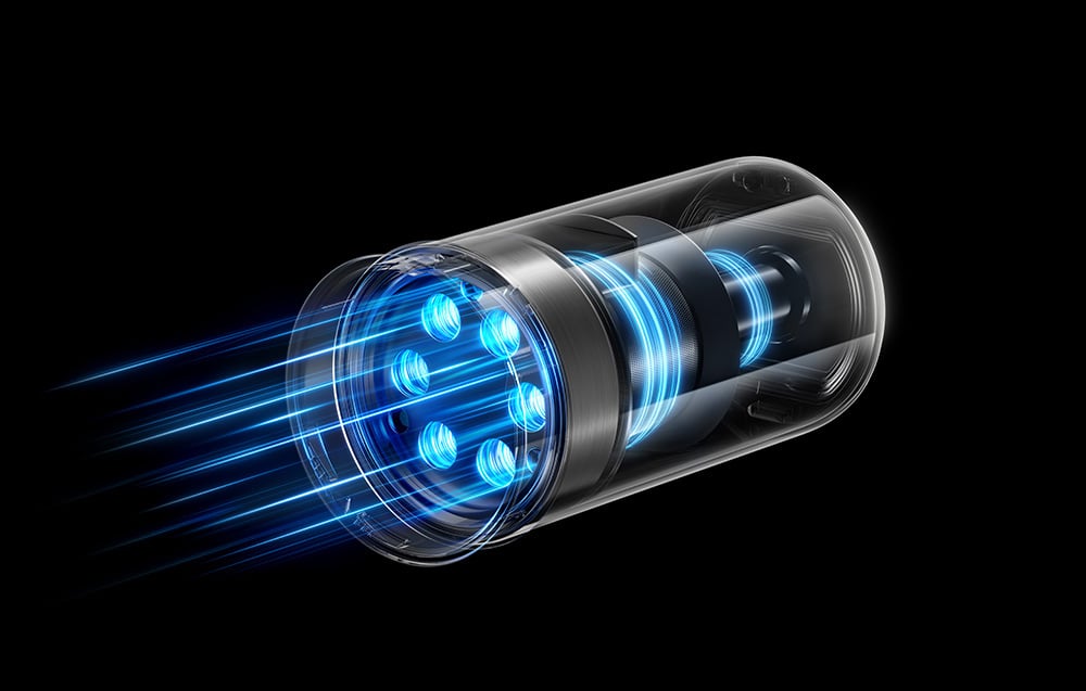 Vacuum cleaner filtration system on black background.