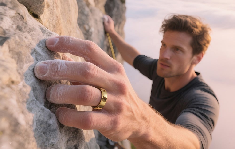 Černý chytrý prsten umístěný v otevřeném nabíjecím pouzdře na světlém pozadí
