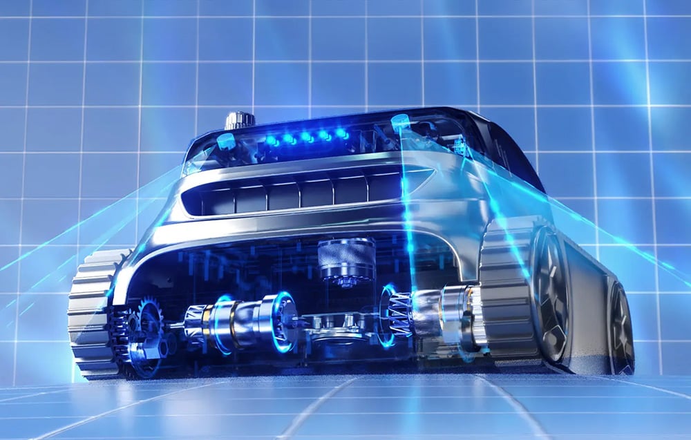 Bazénový čisticí robot se senzory a motorem proti modrým dlaždicím