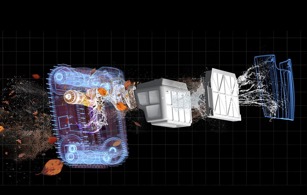 Technické schéma robota s filtračními koši a viditelným interiérem